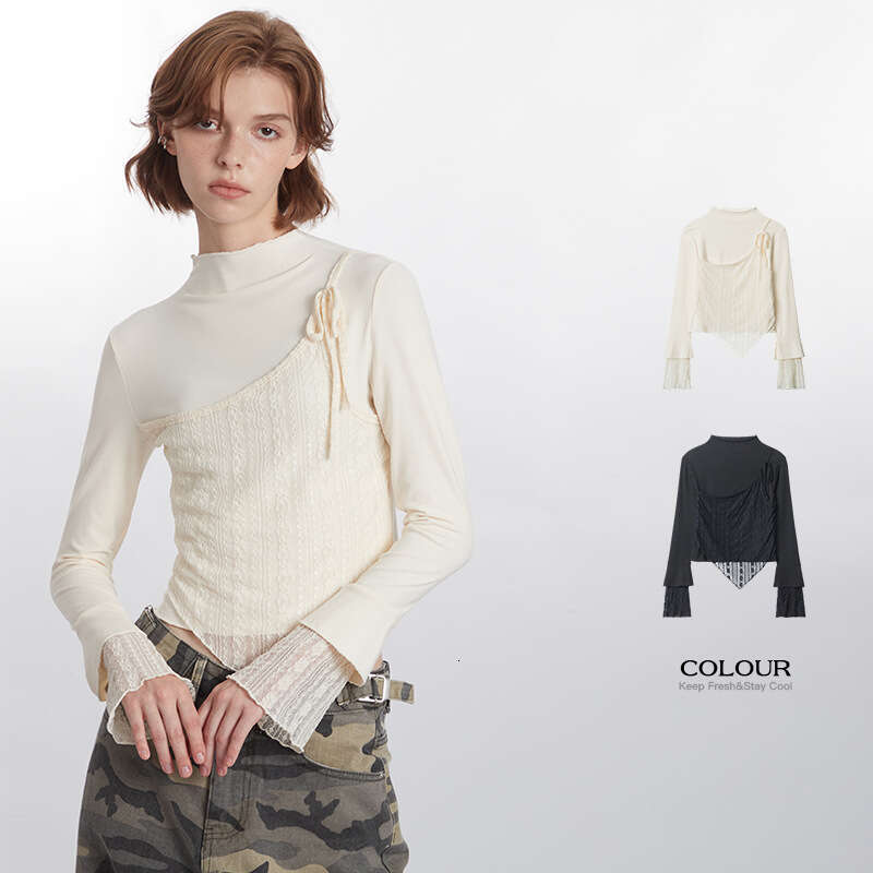 Best-seller Heyhenry faux T-Shirt à manches longues épissé en deux pièces pour la conception d'automne des femmes, haut bas irrégulier coupe ajus