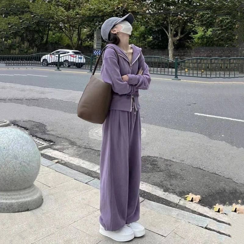 Womens winter Japanese street hooded sweater jacket wide leg pants set retro casual zipper sweater cardigan wool sweater two-piece set 241010