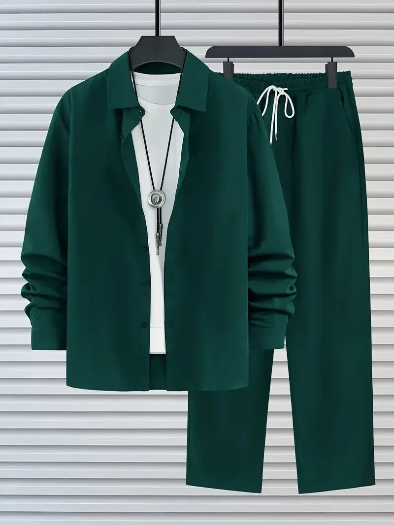Spring and autumn solid color 3D printed mens Harajuku clothing set Tracksuit long sleeved shirt long pants two-piece clothing set 241008