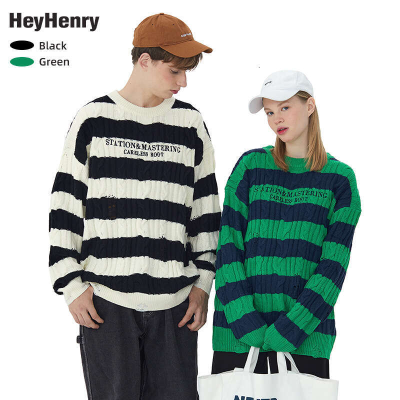 Bestseller Heyhenry Thick Striped Men's Autumn Lazy Trendy Contrasting Color Knit Sweater, American Fashion Top Ddmylion