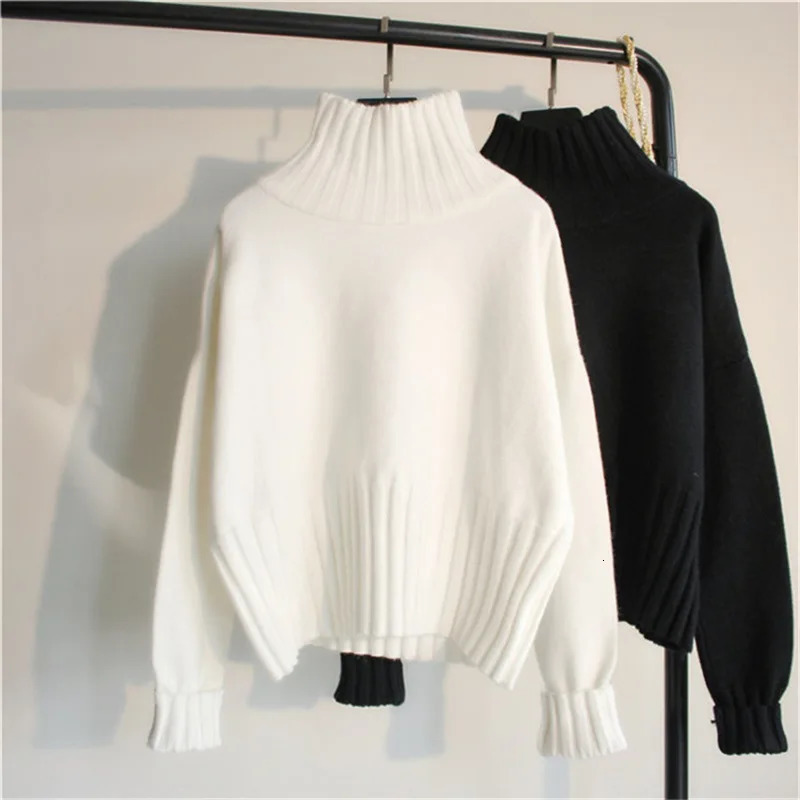 Turtleneck Sweater Coats Autumn Women Long Lantern Sleeve White Black Knitted Pullover Tops PYMYMY924 241007Z
