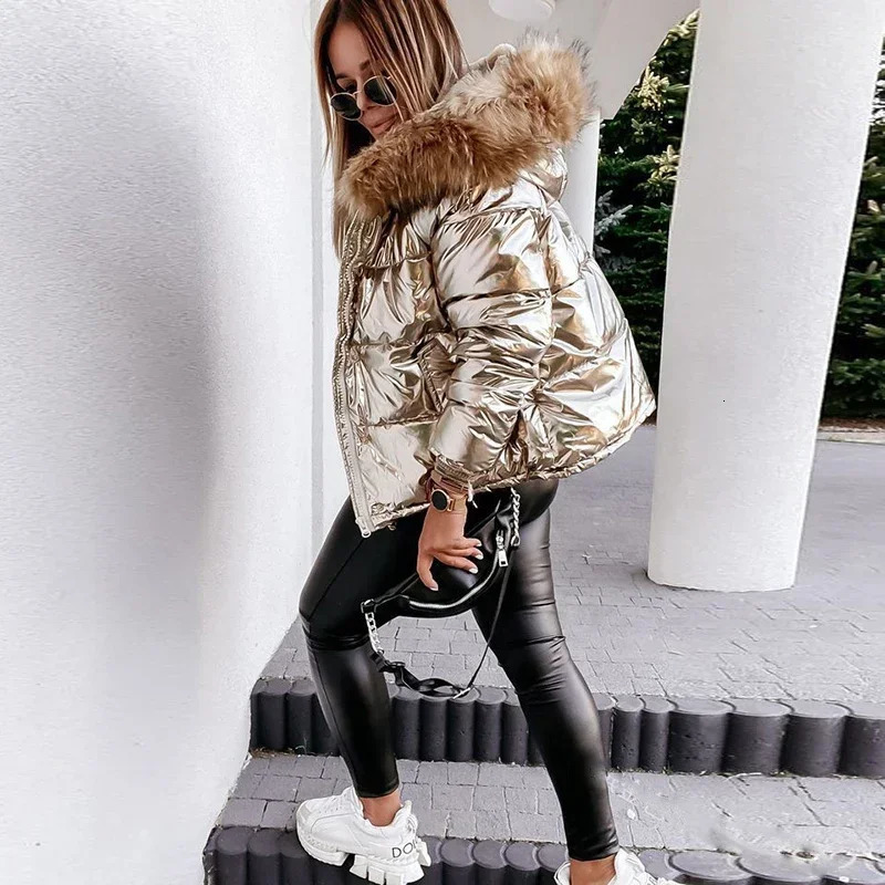 Women Solid Shiny PU Jackets 2023 Winter Fashion Big Fur Collar Hooded Down Cotton Coats Ladies Casual Thick Warm Zipper Parkas 241008Z