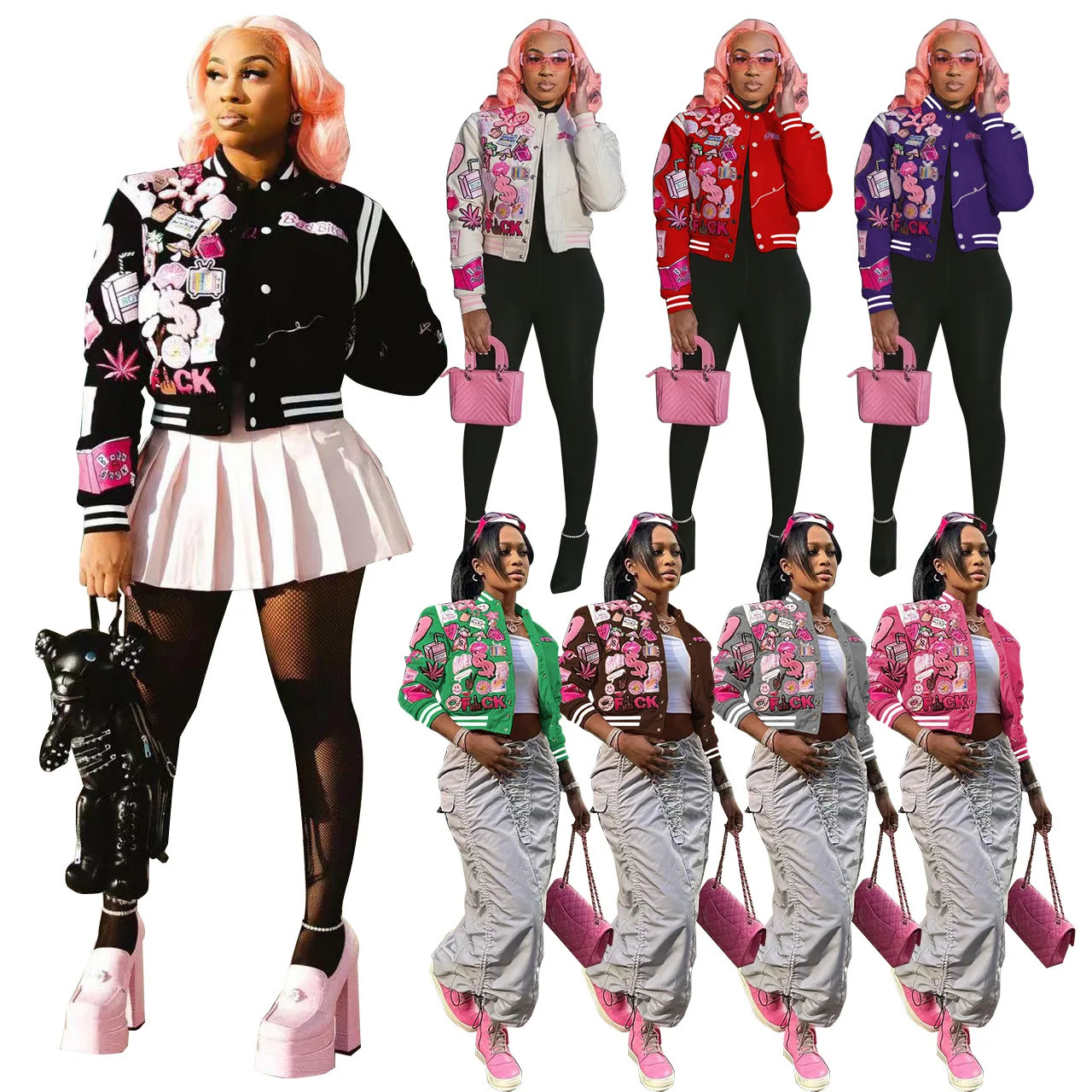 Chenille patch crop university jacket 2024 womens printed streetwear girls lightweight sportswear collage bomber jacket 241010