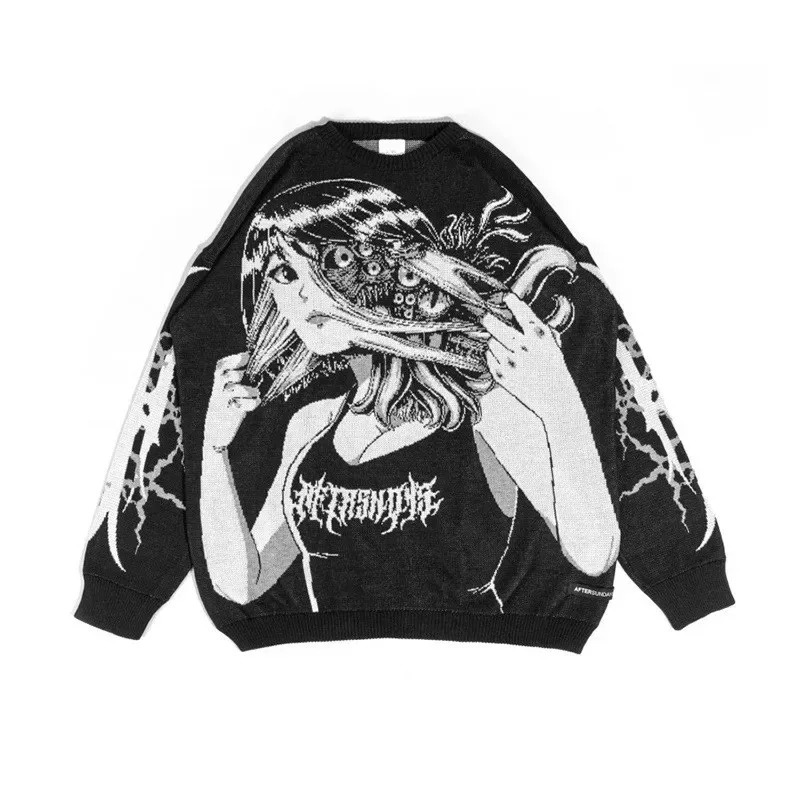 Y2k European and American cartoon sweater high street anime girl printed oversized pullover female Harajuku retro knit hiphop s 241007Z