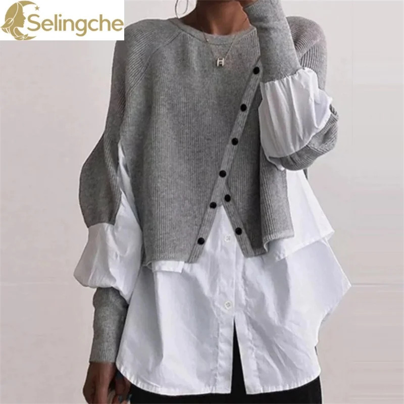 Autumn Creative Knitted Sweater Spliced Shirt Elegant Womens Warm Pullover Round Neck Top Coat 241007Z