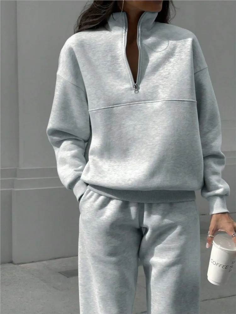 Autumn winter fashion zipper lapel solid color T shirt pants S loose casual pocket sports 2piece set Female 2024 241011