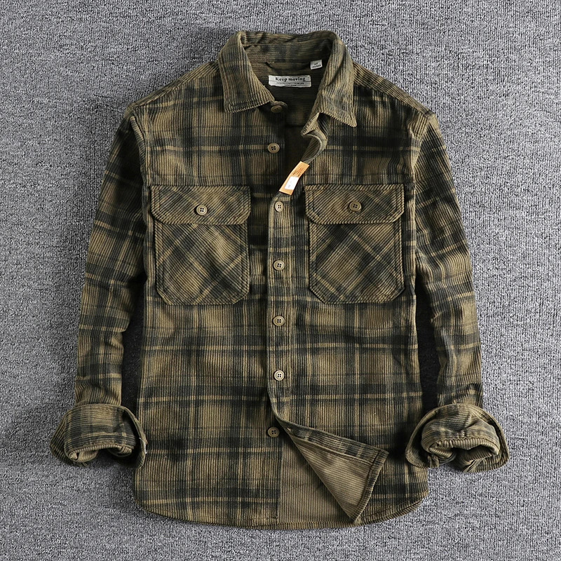 Khaki retro spring and autumn trendy mens long sleeved shirt washed with Corduroy comfortable daily full matching trendy jacket 241010