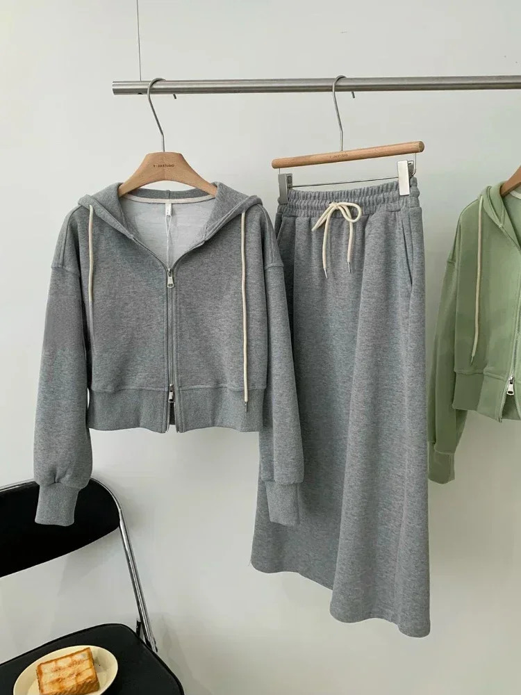 Casual Zipper Sports Suit Fashion Hoodie Sets 2023 Spring Autumn Solid Loose Jacket All Match Skirts 2 Piece Set 241011