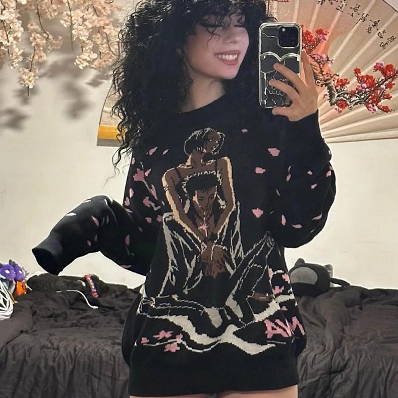 Hip Hop Knitted Men Women Abstract Comic Couple Pattern Sweater Harajuku Fashion Loose Tops Casual Streetwear Pullover 241007Z