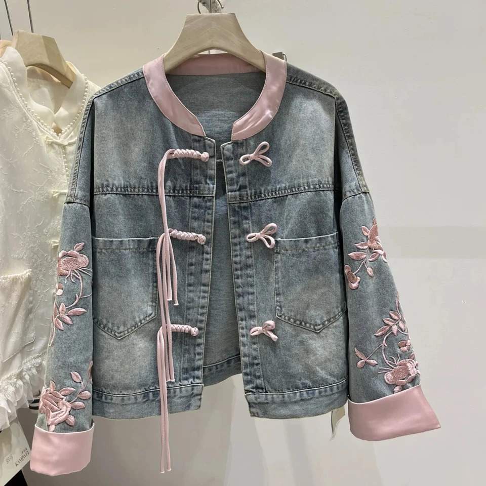 Short button denim womens Chinese standing collar top Spring bomber fashionable street jeans jacket women 241010