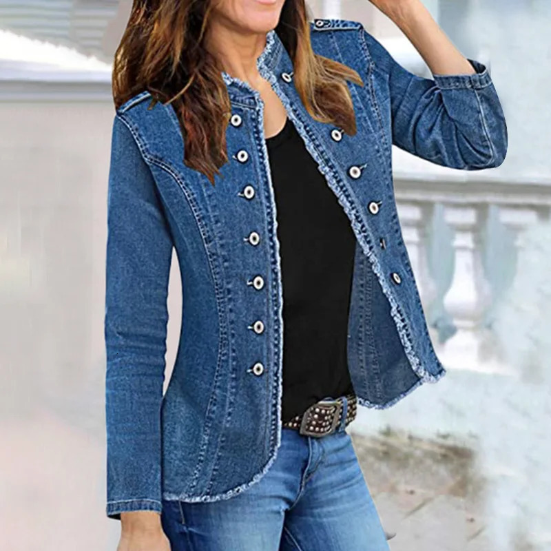 Jeans casual jacket for women tassel single chest ultra-thin denim jacket retro blue washed long sleeved plus size womens jacket 241010