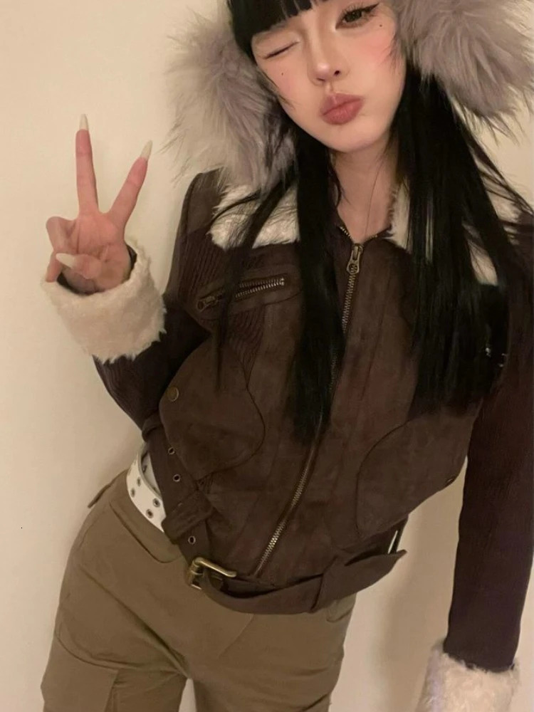 Autumn khaki retro jacket for womens lapel sheepskin trend street warm jacket for women fashion ultra-thin short retro jacket 241010