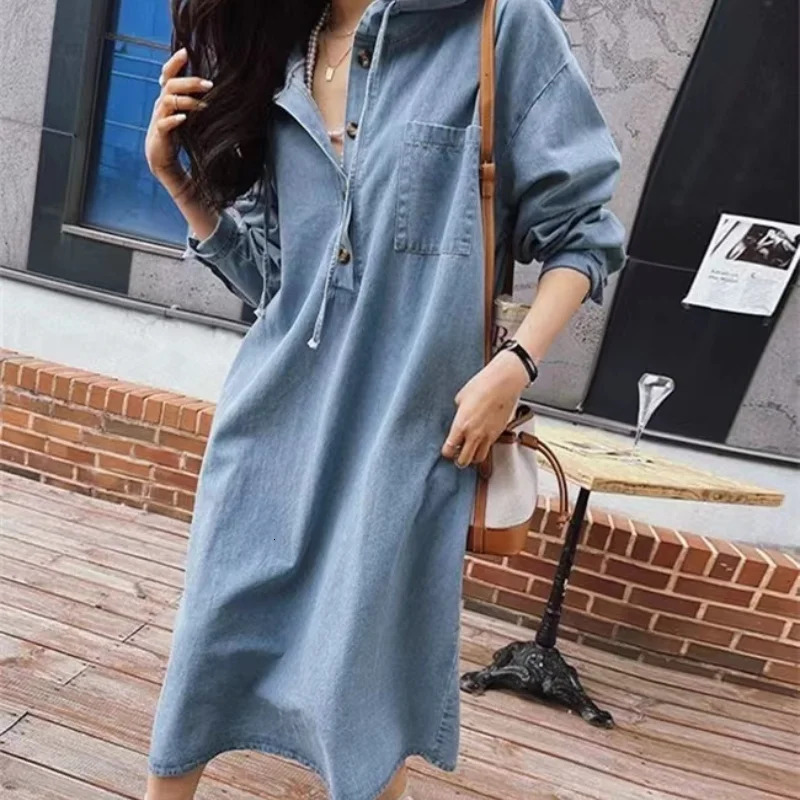 Style coréen 2024 Robe en jean à capuche à manches longues printemps pour femmes jeans de longueur maximale décontractée pour femmes Vestdos Vête