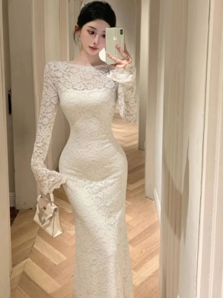 Retro sexy lace tight Midi womens clothing autumn elegant evening party dance party solid color long sleeved womens clothing 241011