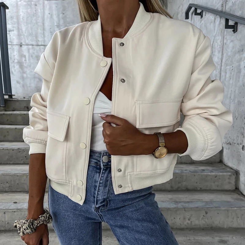 Womens O-neck single chest baseball jacket retro long sleeved pocket ultra-thin jacket casual long sleeved solid color short jacket 241010