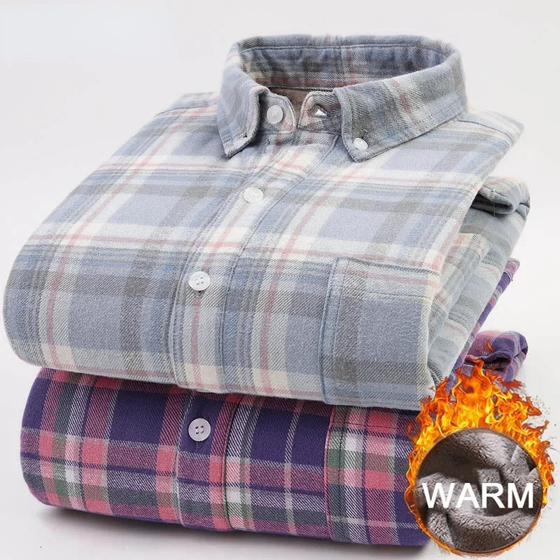 Winter Mens Shirt Sanding Cotton Velvet Lined Flannel Bottom Plain Warm Shirt S-4XL High Quality 241008