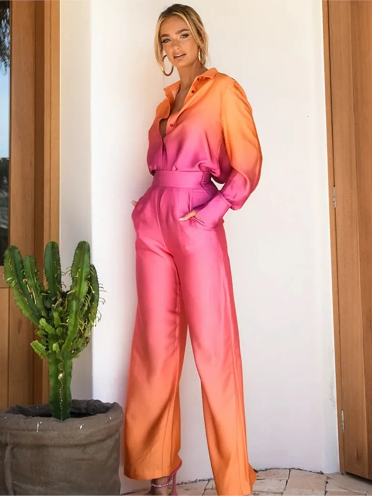Gradiente Stampato In Raso A Due Pezzi Set Donne Camicie A Maniche Lunghe A Vita Alta Pantaloni Larghi Dritti Set 2024 Autunno Streetwear 241011