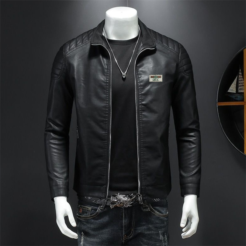 High Quality 2024 New Style Men Fashion Luxury Stand up Leather Trendy Outerwear Jacket Embroidered Brand Logo Clothes Men's Leather Jacket Coa