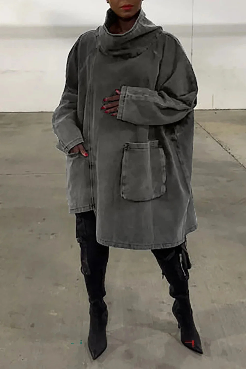 HARAJUKU Veste en jean en vrac plus taille Collière de tortue d'hiver décontractée poche à manches longues à manches longues 2024 241010