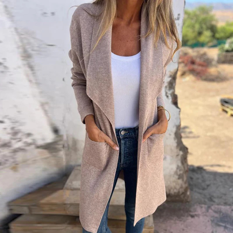 Hiver Womens Collier à la mode cardigan élégant poche élégante manteau en laine solide automne à manches longues décontractées veste en laine gro