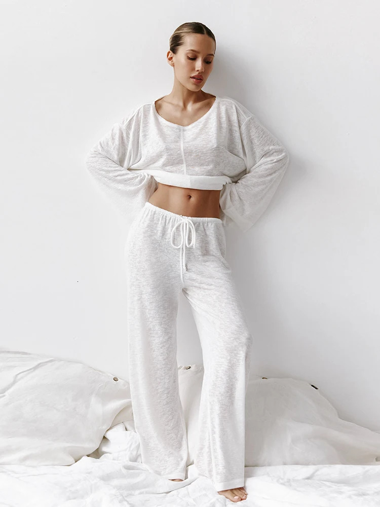 Hiloc transparent loose sleepwear womens home suit round neck two-piece set long sleeved brushed womens home suit 241007
