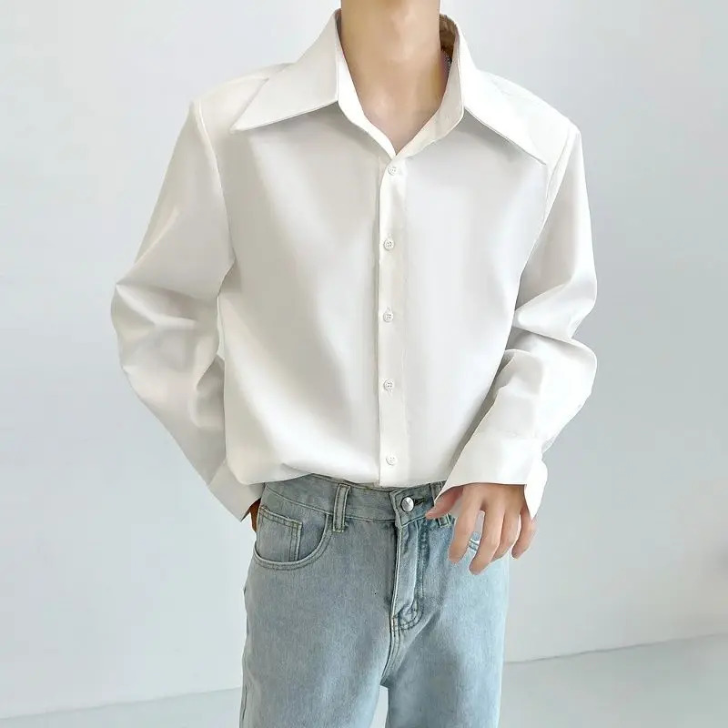 Mens spring autumn polo collar solid color long sleeved loose shirt simple matching fashionable Korean casual top 241010