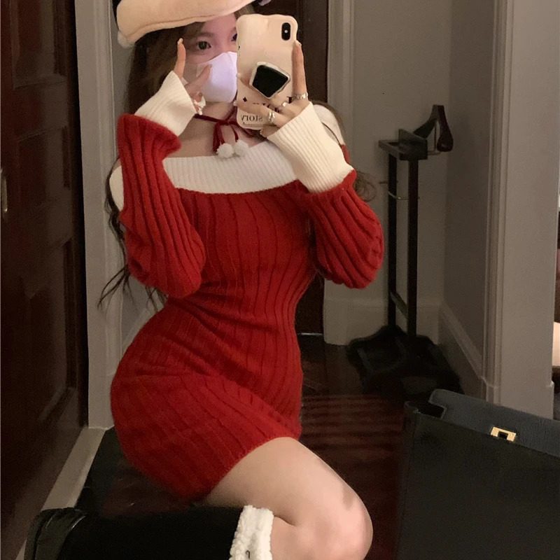 Sexy red Christmas dress for women autumn and winter Korean style slanted neck body knitted dress for women elegant Y2k party mini dress 241014