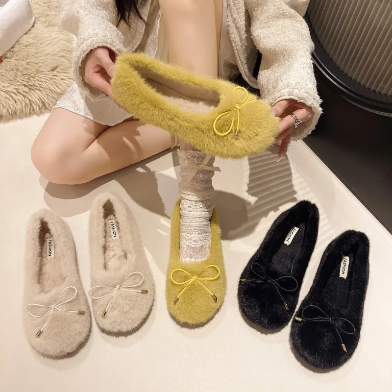 Faux Fur Ballet Flats Loafers Femmes automne d'hiver mode Keep Warm Sneakers Lolita Flat Mary Jane Shoe Efef