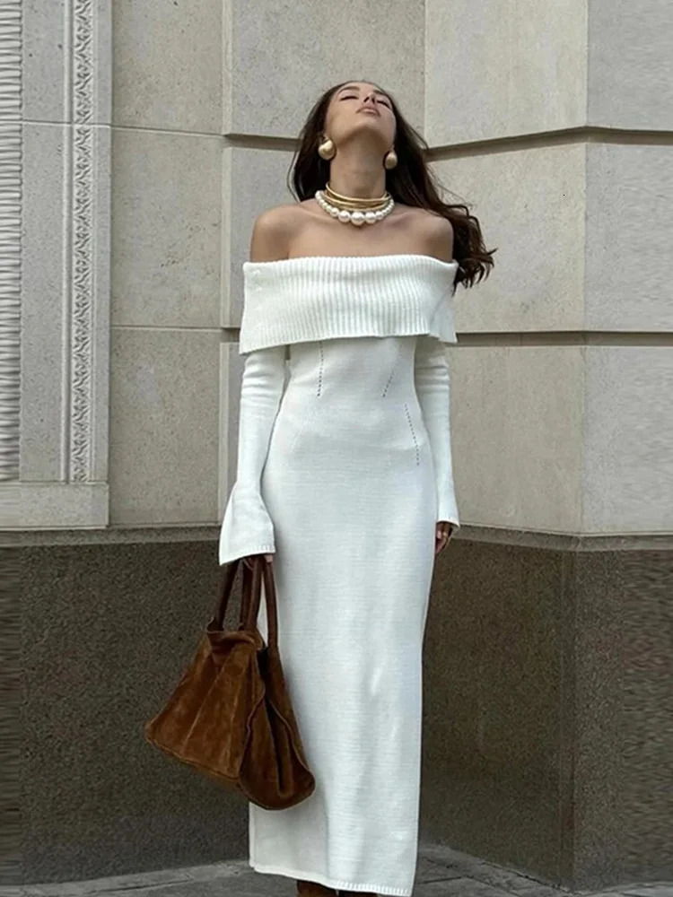 Autumn Winter Pure Soft Party Elegant and Sexy Shoulder Knitted Dress Womens Fashion Long Sleeve Ultra Thin Robe Womens Dress 241011