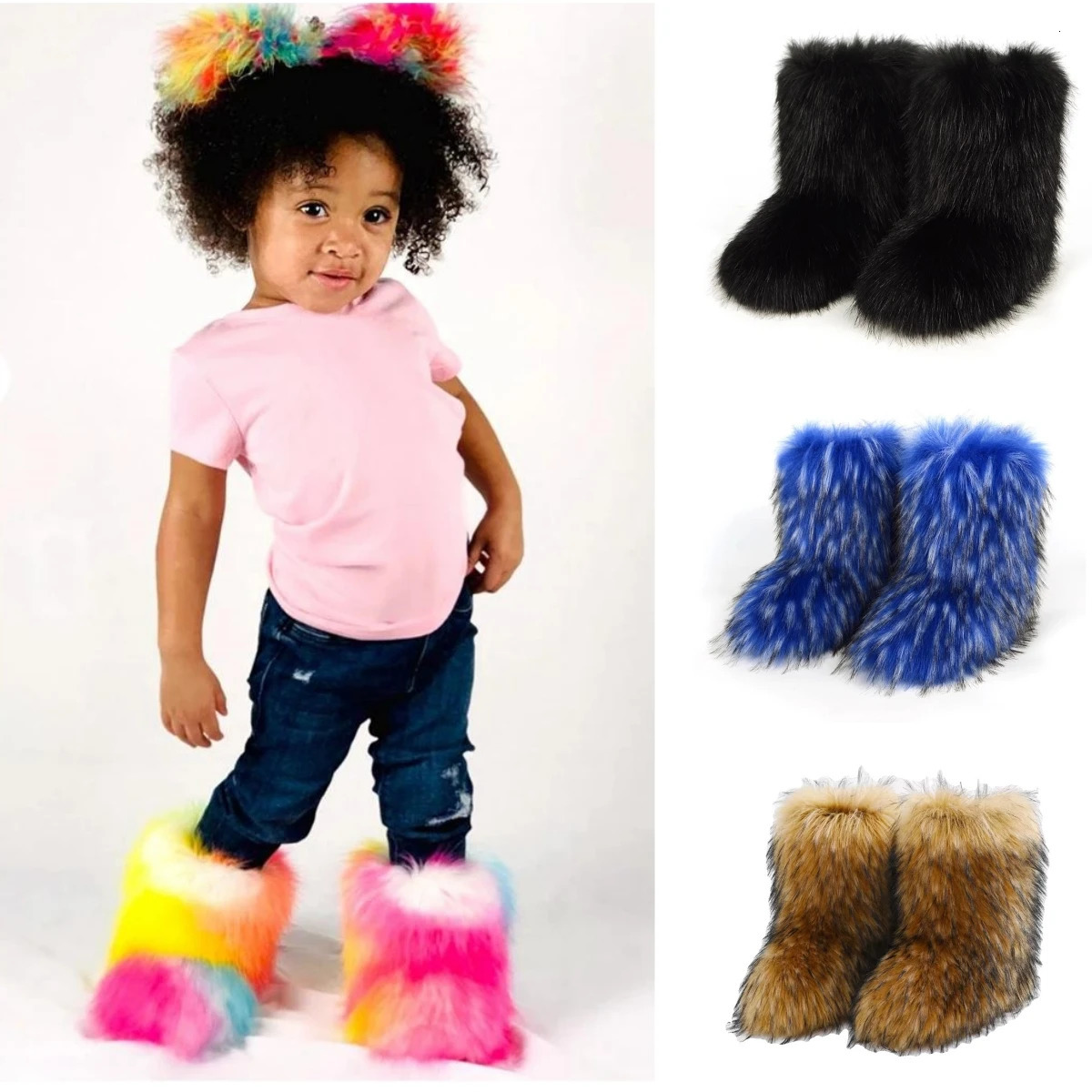 Y2K Kids Boots Winter Shoes Faux Fur Toddler Girl Boots Fashion Colorful Fur Children Ankle Snow Boots Warm Shoes Girls 241011