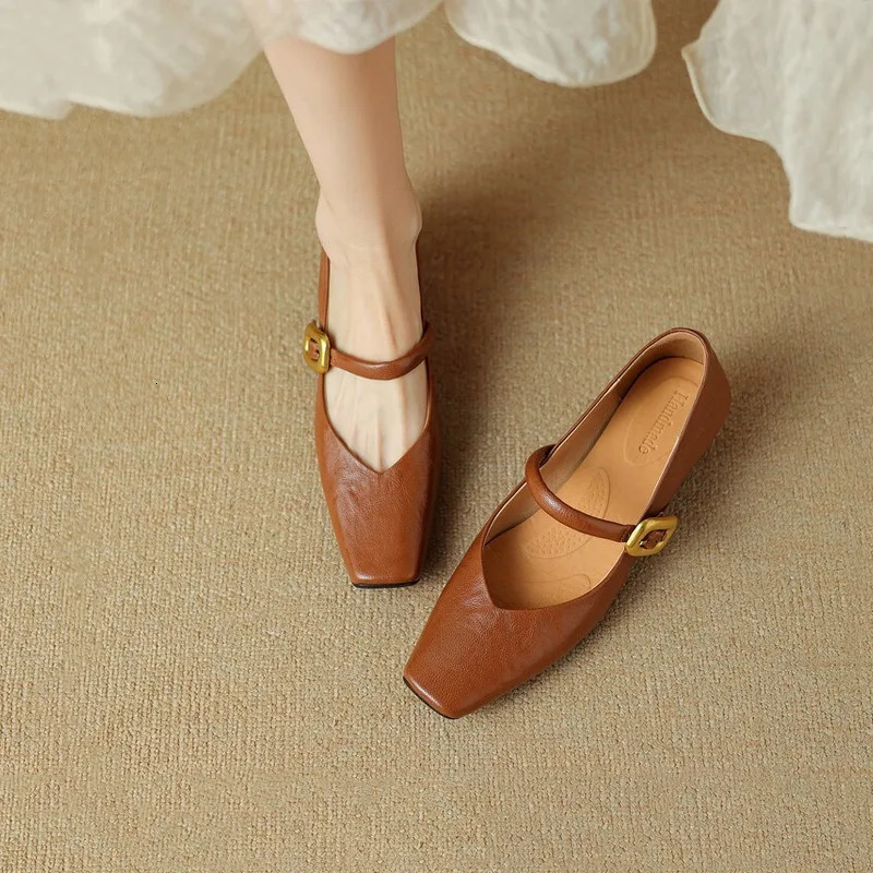 Womens Shoes French Retro Square Toe Mary Jane Autumn Button Buckle High Heels Comfort Anti Slip Shallow Mouth Single Sho c580