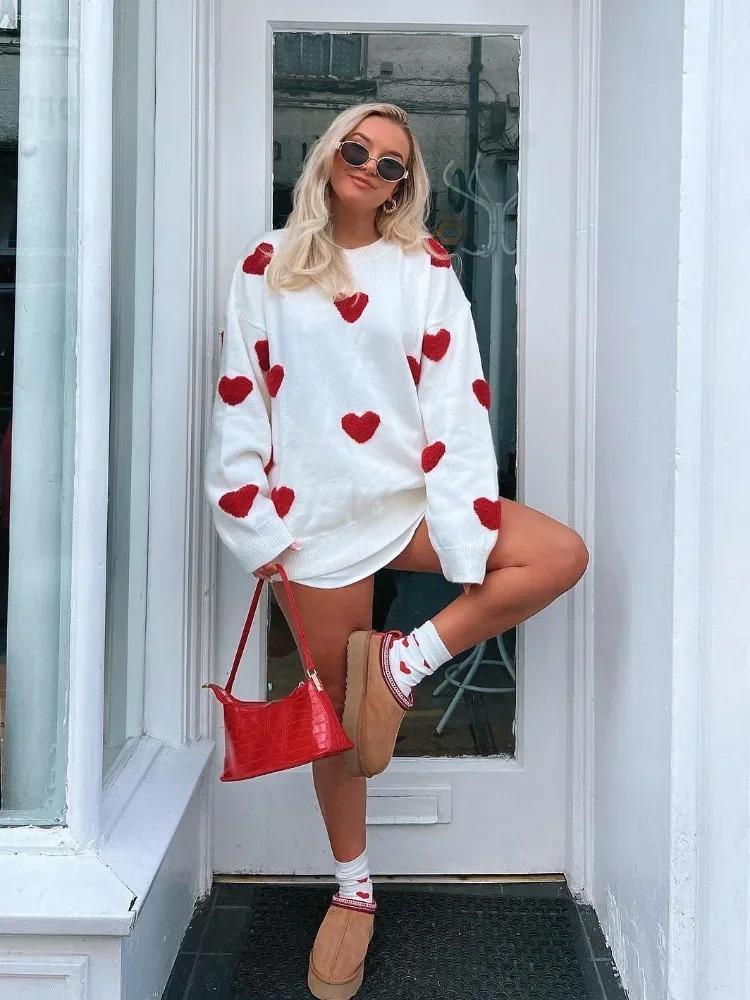 Chic Love Heart Printed Oneck Knitted Sweaters Casual Long Sleeves Warm Womens Pullover Autumn Ladies Street Commute Knitwears 241007Z