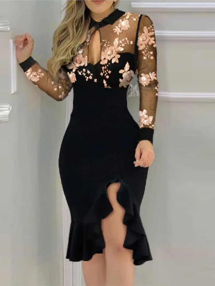 Robe à volants en maille sexy printemps 2024 Womens Long Manche à manches midi irrégulières Robe de fête élégante imprimée 241014