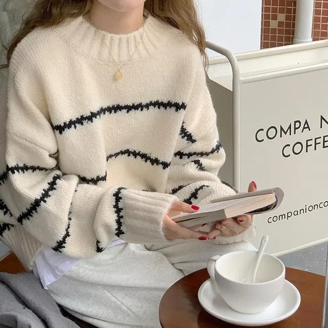 Retro Loose Sweater Womens Long Sleeve Striped Half High Neck Knit 2023 Autumn Winter Thickened Warm Pullover 241007Z