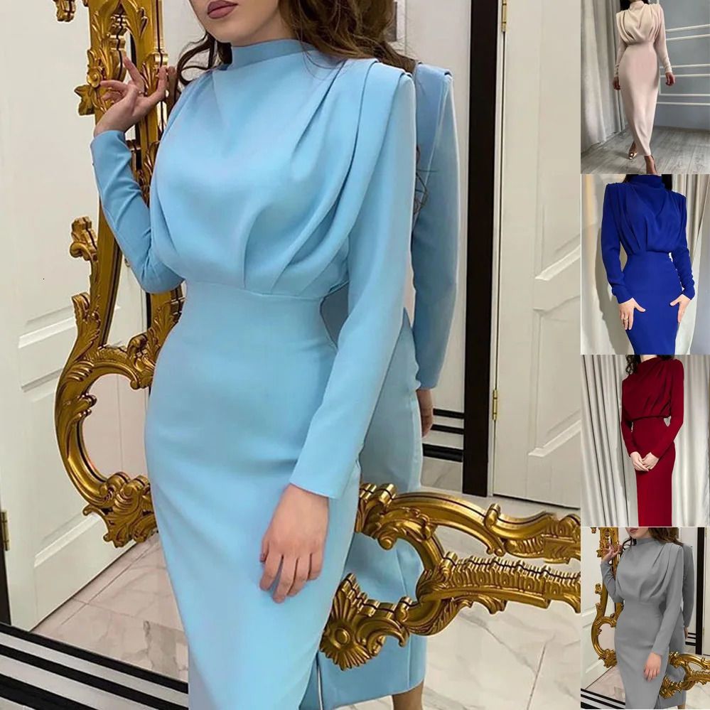 Automne Solid Bodycon MIDI Robe Turtleneck Long Manchet Slim Office Lady Sexy Bure