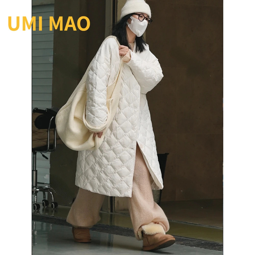 UMI MAO Harajuku Winter Korean Simple Diamond shaped Press down Jacket Lightweight Warm Long Coat Thick Womens Y2K 241011