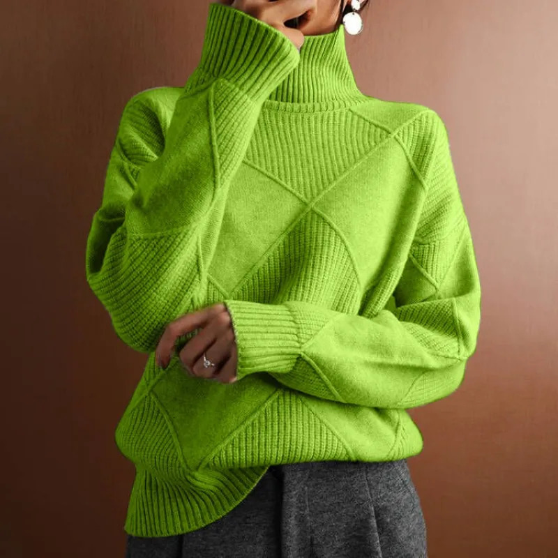 Womens Solid Color Loose Pullover Knitted Sweater Autumn Winter Top Long Sleeve High Collar Warm 241007Z