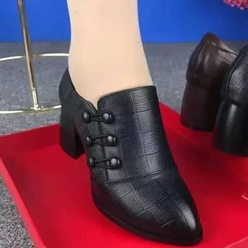 Autumn High Heels Soft Leather Breasted Low Top Heeled Dress Womens Pointed Toe Retro Mom Shoes atos Muje 09d8