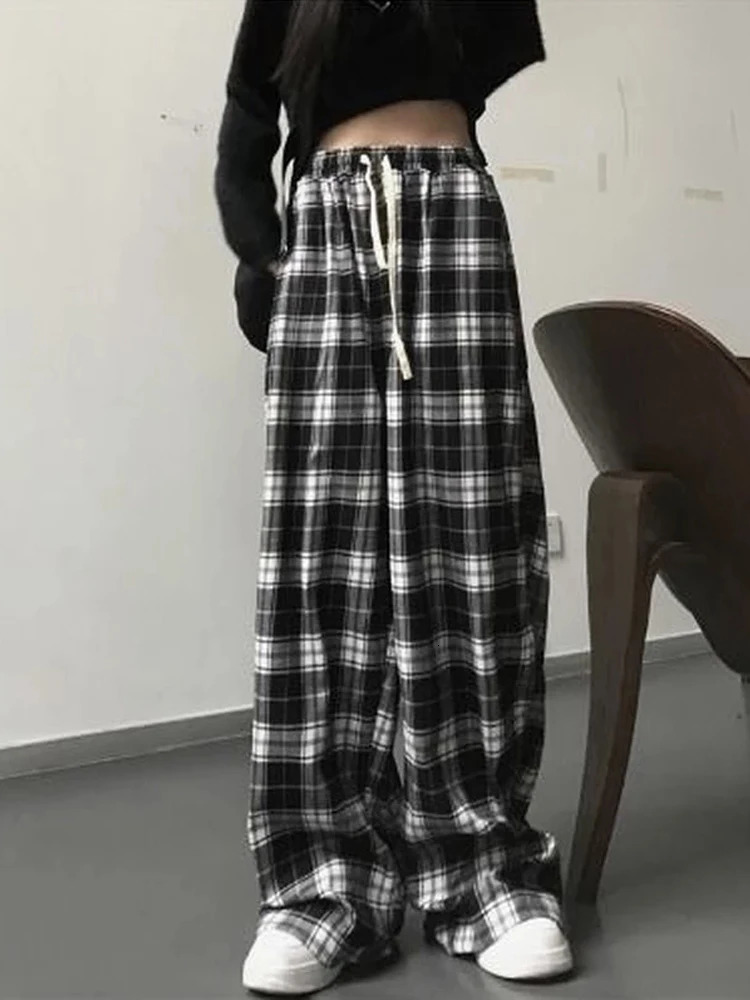Emo Pants Aesthetic Plain Plaid Printed Womens Korean Fashion Retro Loose Sports Pants Womens Wide Leg Harajuku Loose Sports Pants 241011
