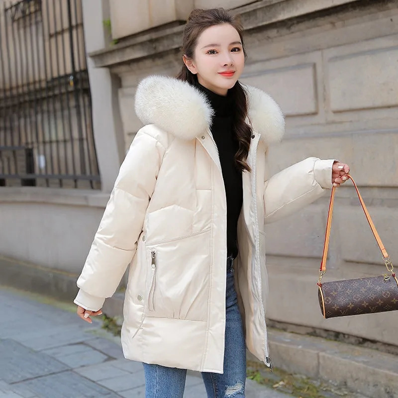 Women Down Cotton Coat Winter Jacket Female Mid Length Version Parkas Thick Warm Outwear Hooded Fur Collar Overcoat 241008