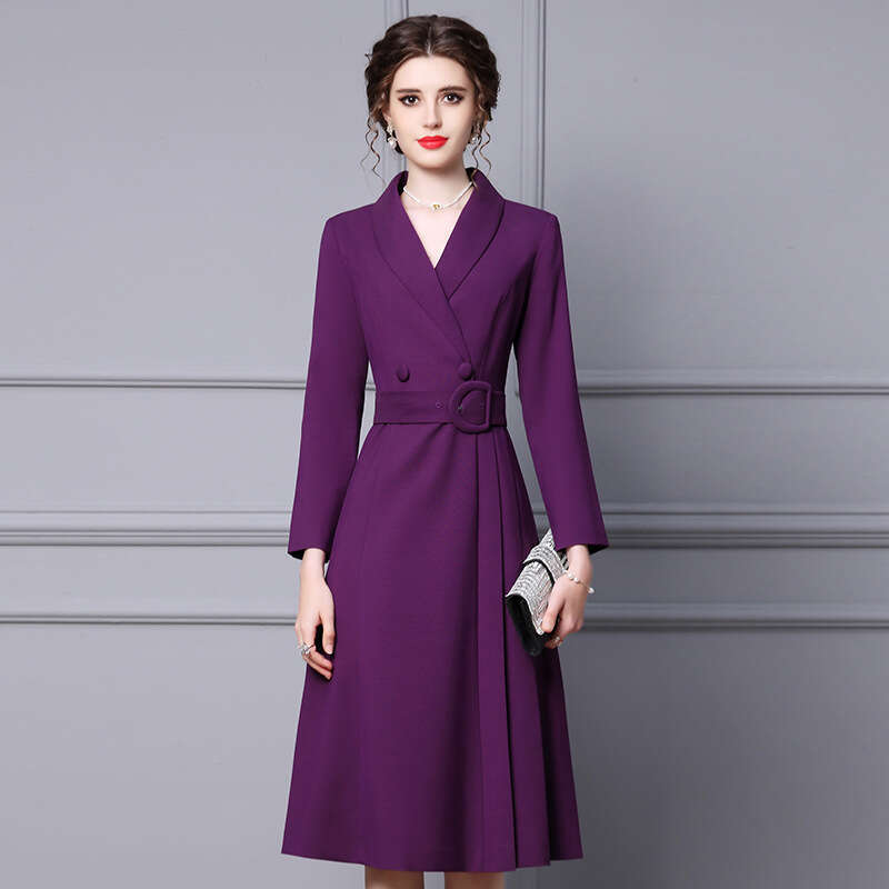 Robe d'automne Nouveau 2024 Femmes Élégant Tempérament Collier de costume violet avec taille Coist Minth Longuet Coat jupe Tempérament Robe de co