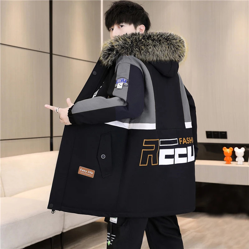 Fashion 2023 Autumn Winter Mens Hooded Plush Thicken Jackets Youth Streetwear Loose Fleece Coat Fur Collar Warm Parkas Clothing 241008