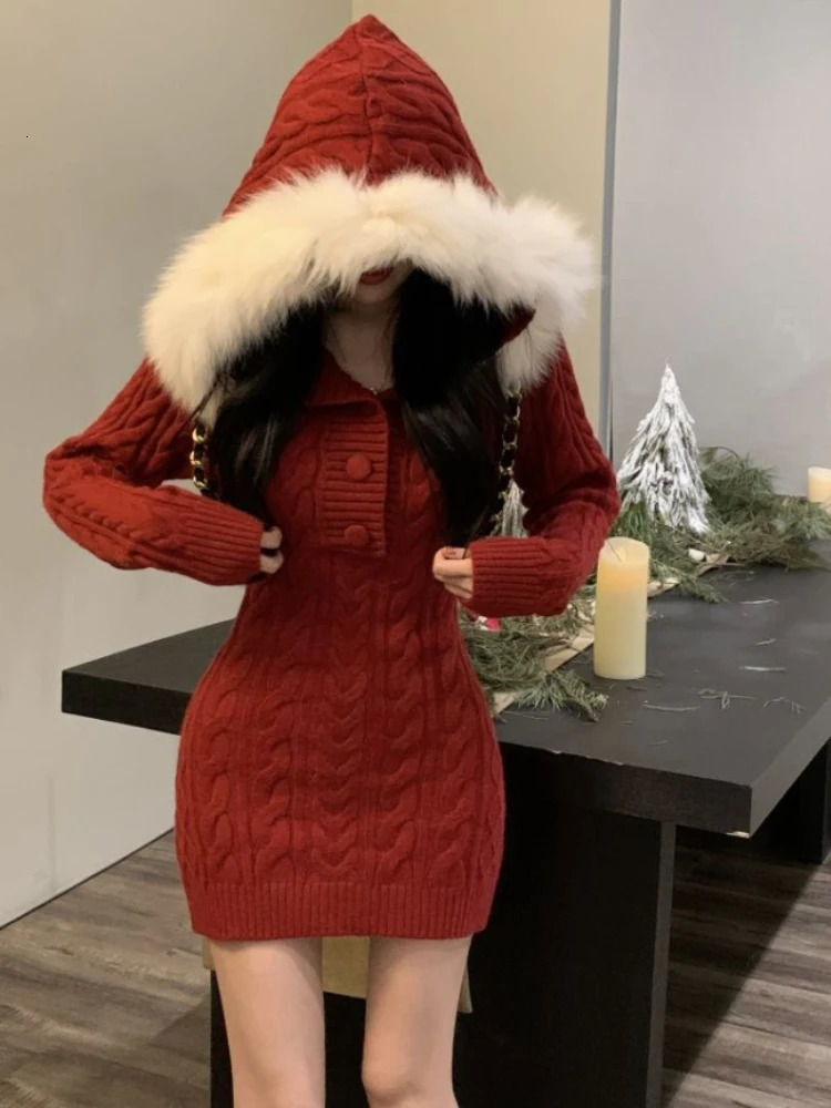 Pull à capuche tricoté de Noël d'hiver Femmes ultra minces vêtements serrés y2k mini robe de fourrure