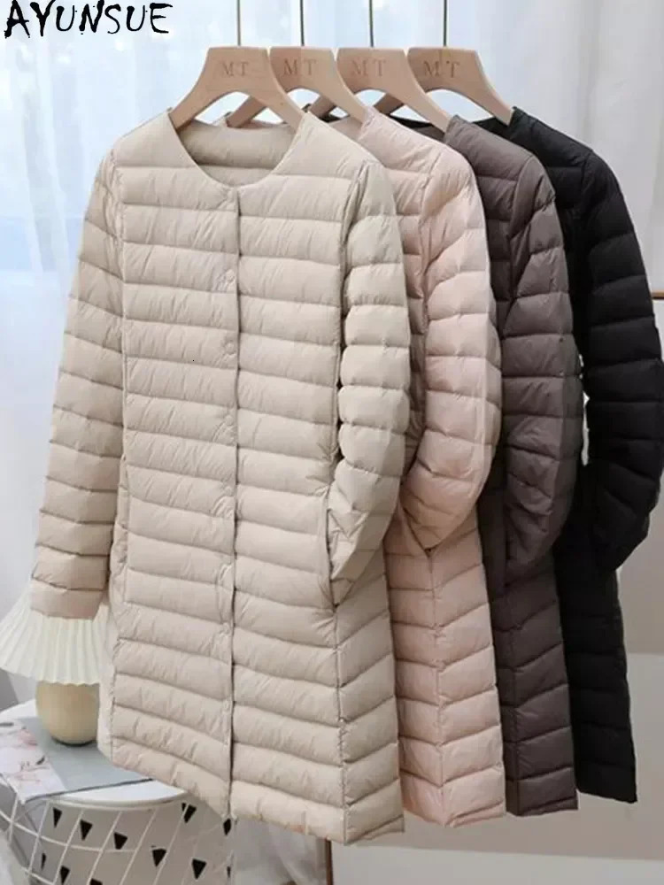 AYUNSUE Winter Ultra Light Thin Duck Down Coat Women Spring Long Slim Warm Basic Quilted Puffer Jacket ED1957L 241008