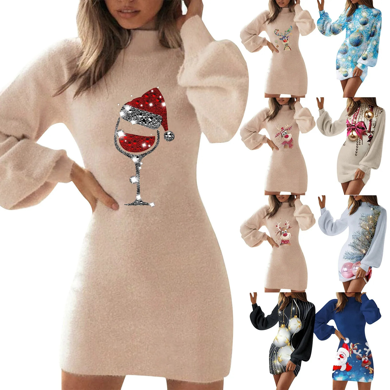 Pull imprimé de Noël à la mode Femmes Automne et hiver Lantern Longue Robe à manches longues Vetestido Tricotwear Ball Robe 241014