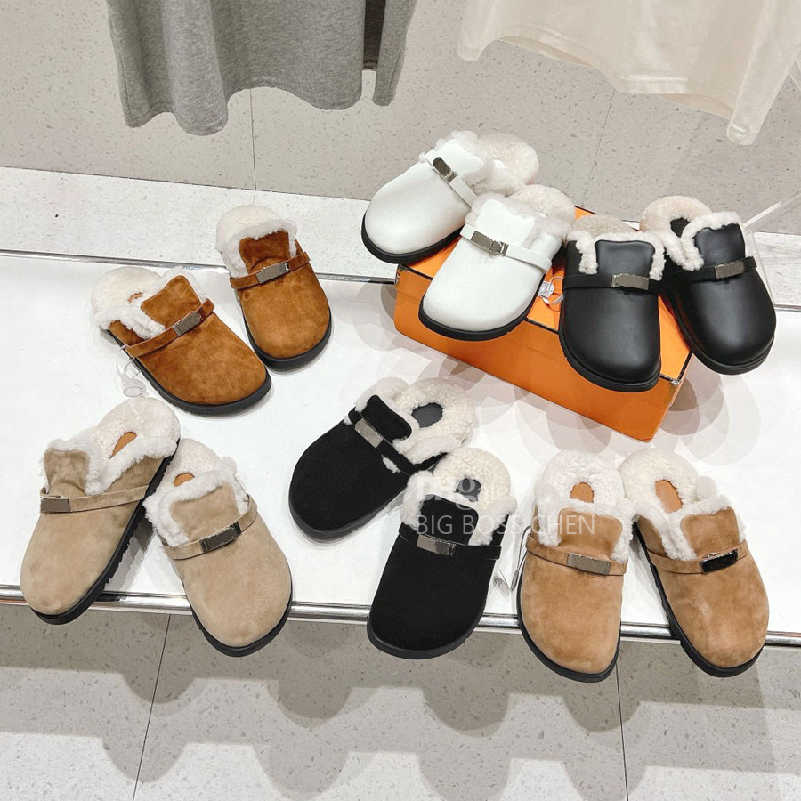 Silver buckle Suede Fur slides Slippers Shearling sandals Women's Wool furry Fluffy Slippers Flat Mules Shoes Luxury Designer slides for womens