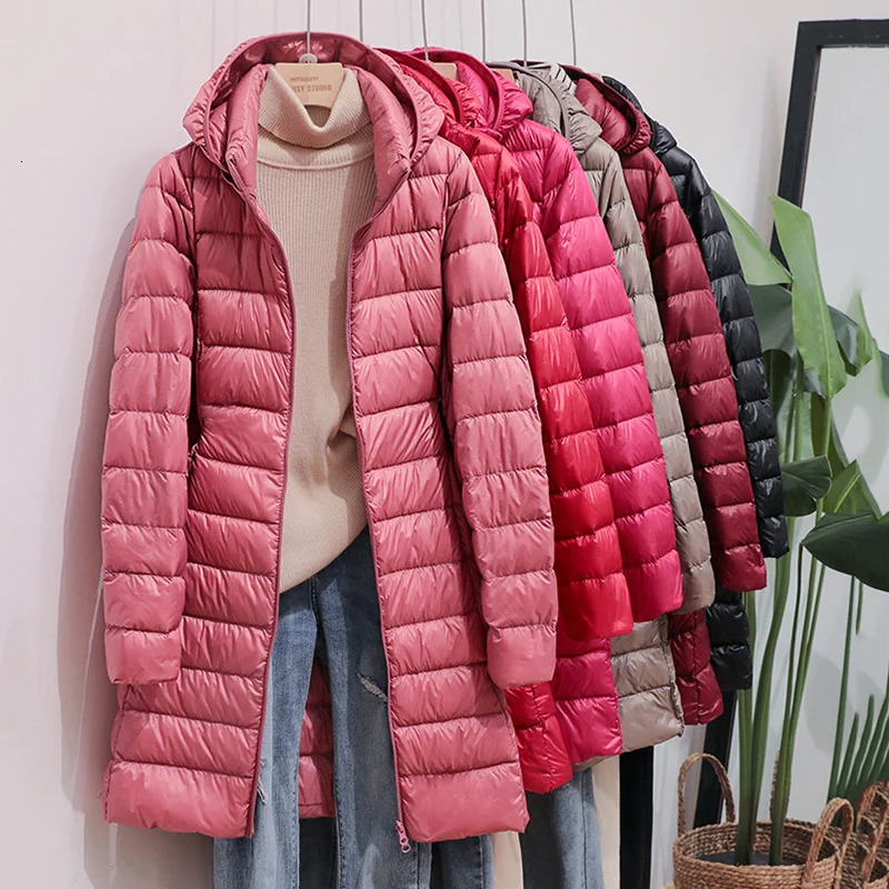 Winter Women Down Jackets Long White Duck Down Ultra Light Thin Casual Puffer Slim Removable Hooded Coat Female 241008