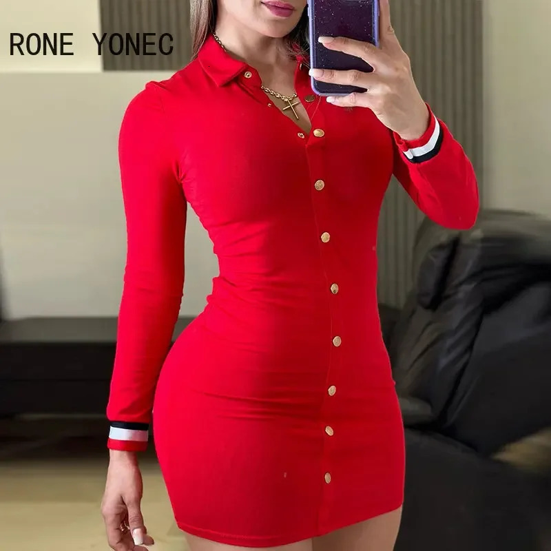 Bouton solide à manches longues à manches longues décontractées pour les femmes Mini Robe rouge serrée 241014