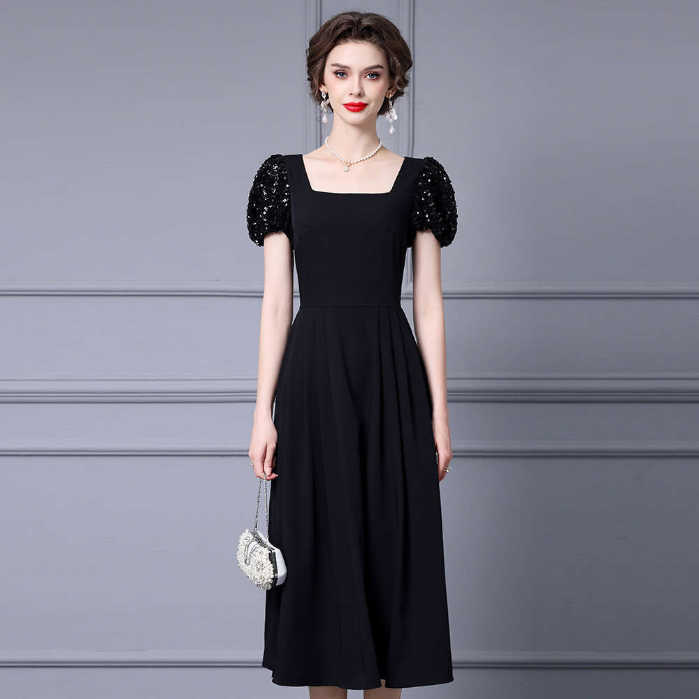 Black Square Neck Dress with Noble Elegant Temperament Sequined Bubble Sleeves High Waist and Large Swing Skirt 2024 Summer Loose Round Neck Dres
