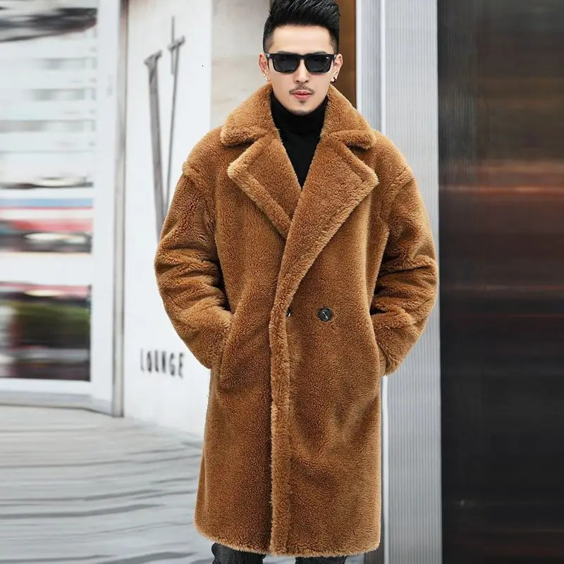 Warm Winter Mens Leather Coat 2023 Sheep Cut Long Alpaca Fur Trench Men Jacket Clothing 241008